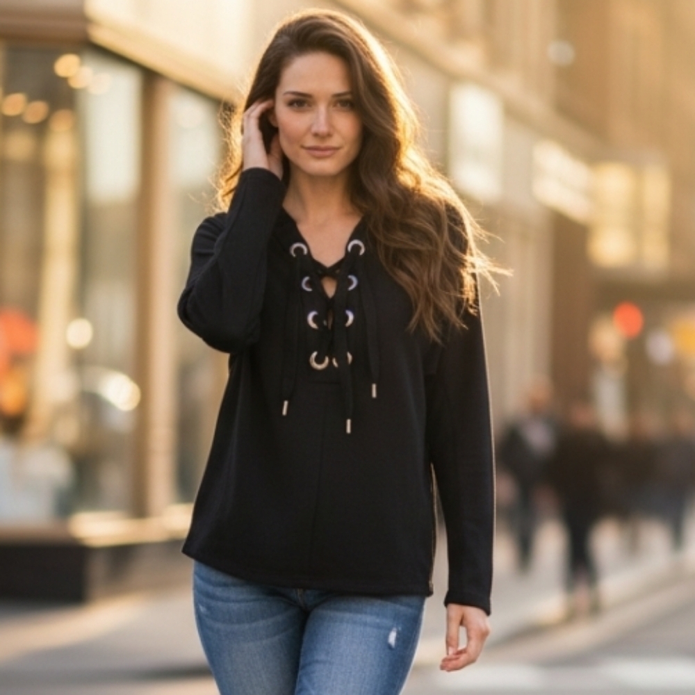 Wila Lace Up Hoodie Jacket Black Size Medium